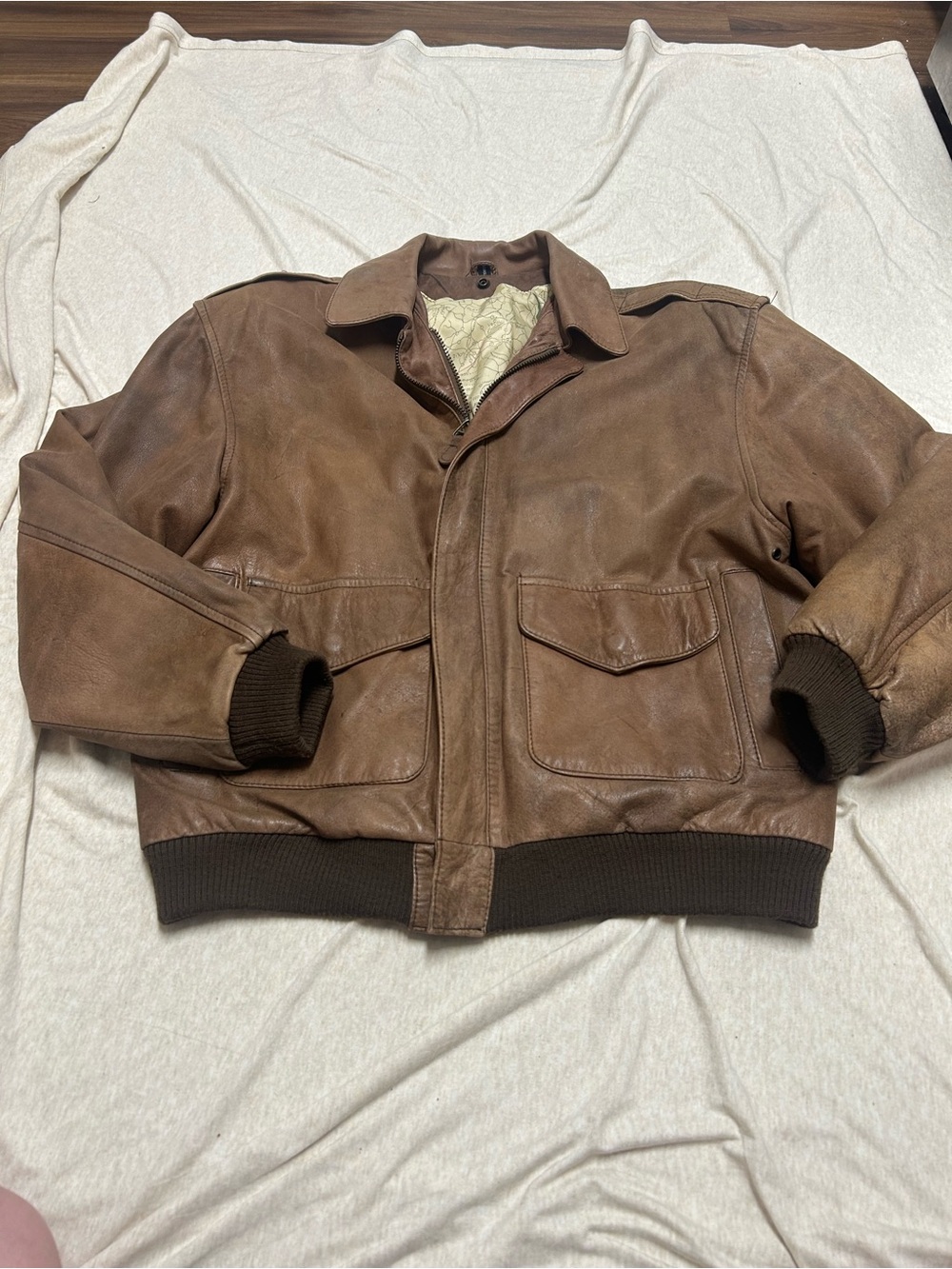 Vintage Leather Bomber Jacket Double Zip New Zealand Opossum Lined Aviator